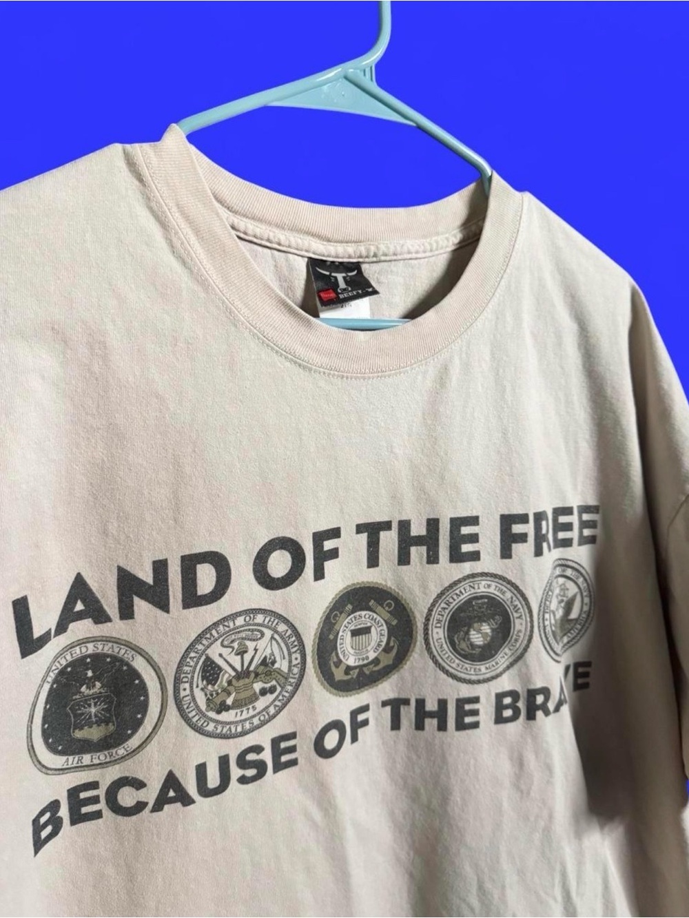Vintage Hanes Beefy-T Military Shirt Men’s XL Beige Land of the Free Tee